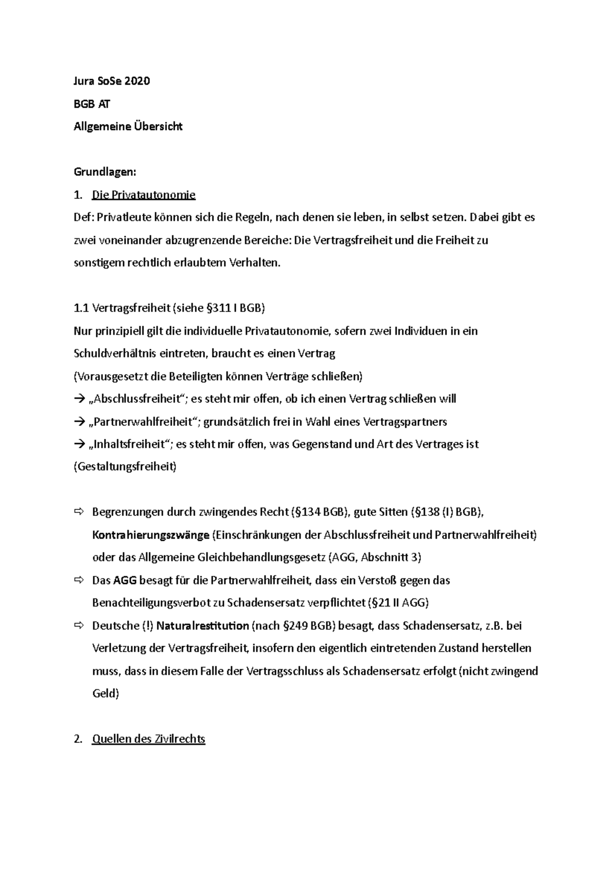 BGB Allgemeine Übersicht (meins) - Jura SoSe 2020 BGB AT Allgemeine ...