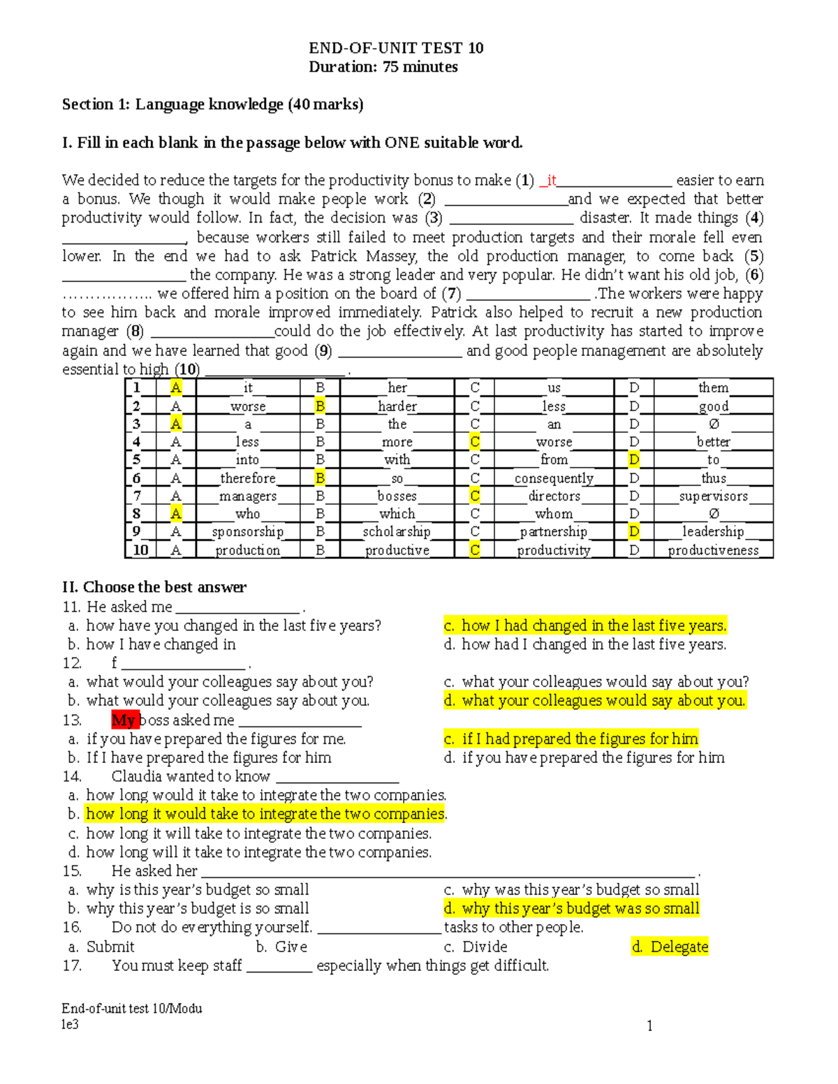 EOU UNIT 10 - không - END-OF-UNIT TEST 10 Duration: 75 minutes Section ...