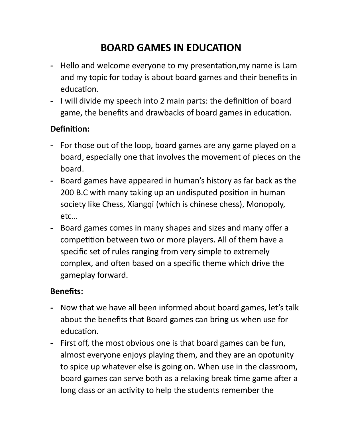 college essay about board games