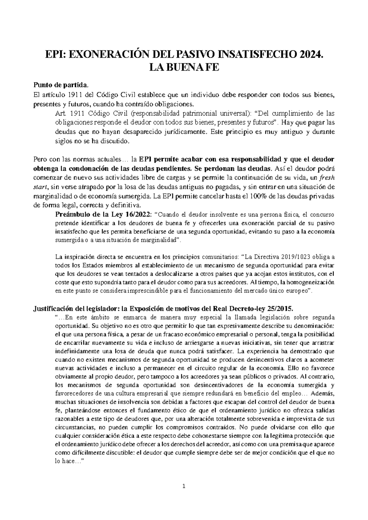 EPI (2024) - EPI: EXONERACIÓN DEL PASIVO INSATISFECHO 2024. LA BUENA FE ...