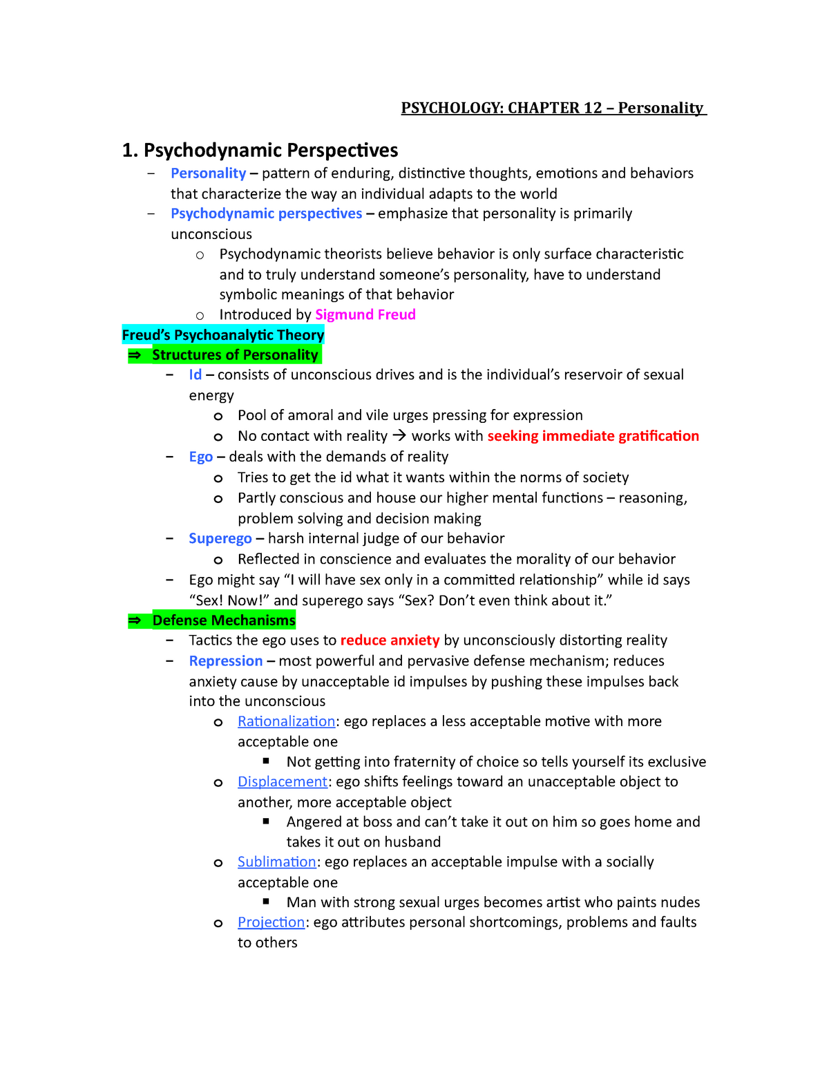 Chapter 12 Notes Personality Psychology Chapter 12 Personality 1 Psychodynamic