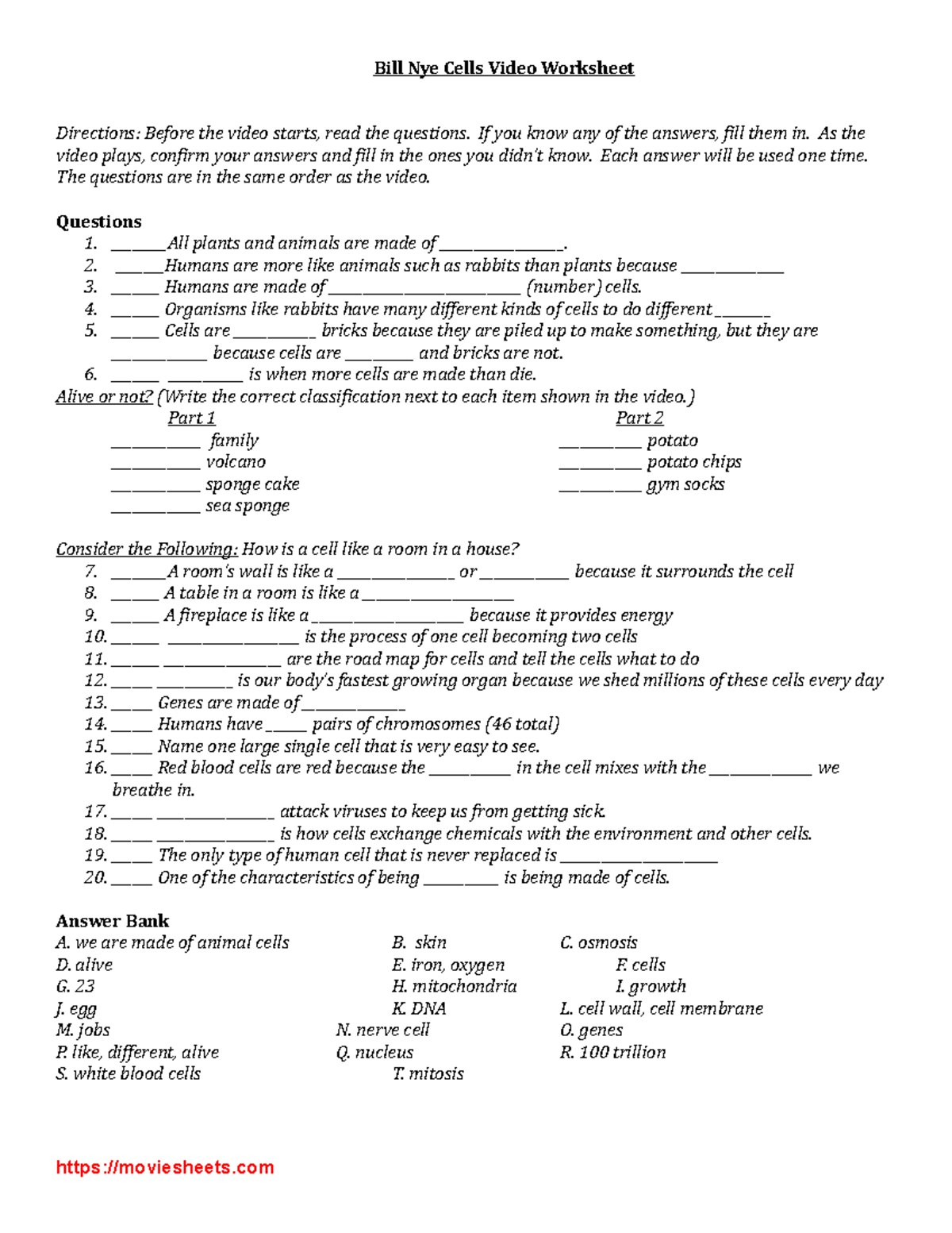 Bill nye cells video worksheet 2023 - Bill Nye Cells Video Worksheet ...