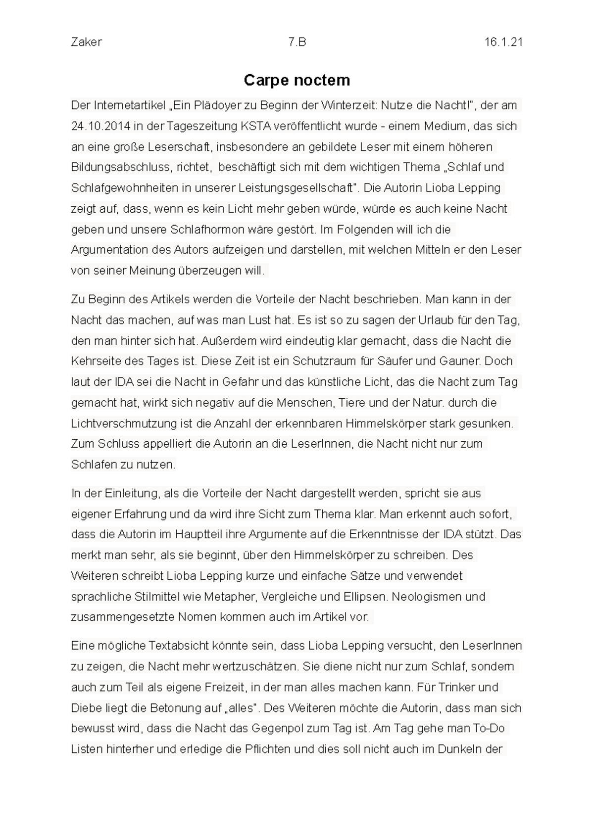 Textanalysecarpe noctem Zaker 7 16. Carpe noctem Der „Ein Plädoyer zu Beginn