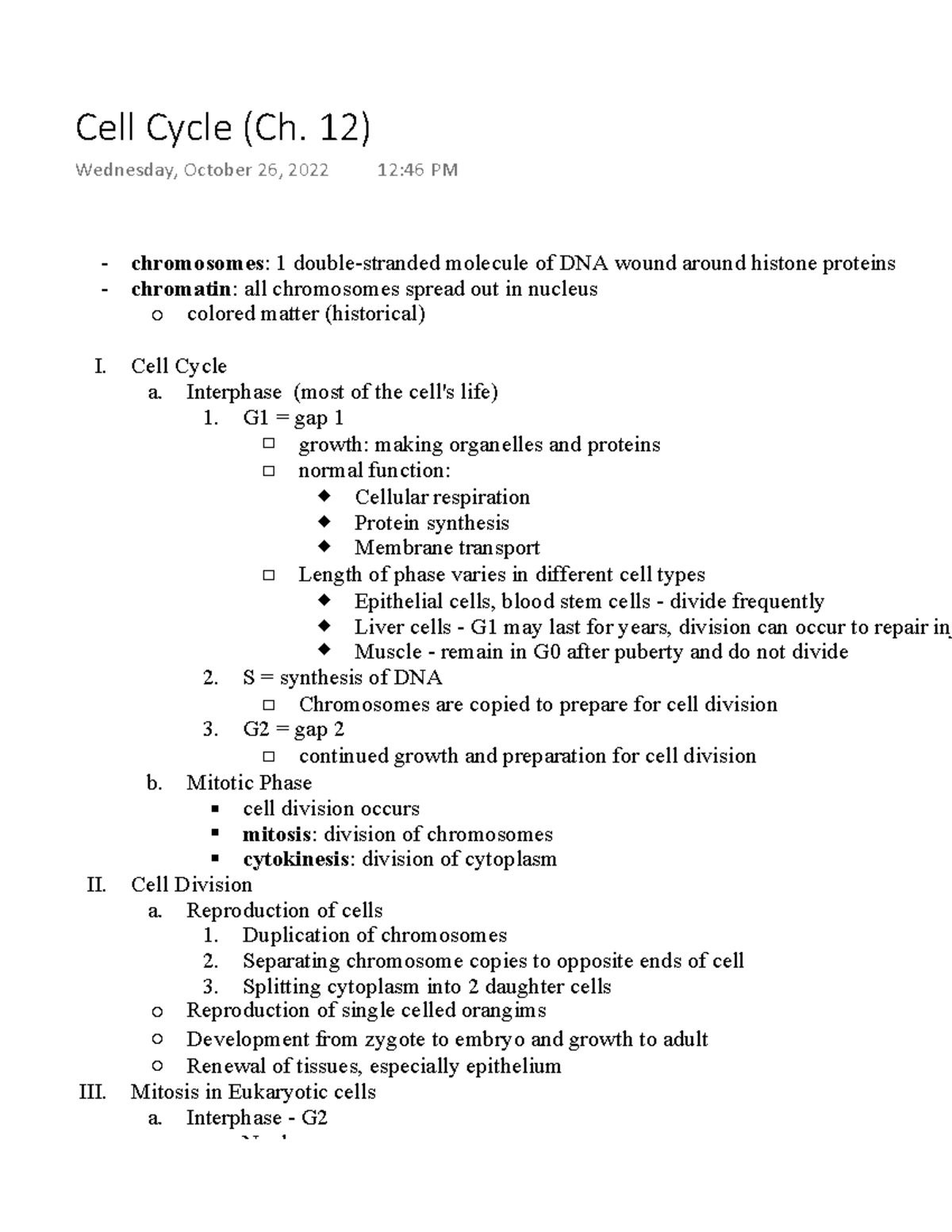 Cell Cycle (Ch. 12) - BIOL 1361 - UH - Studocu