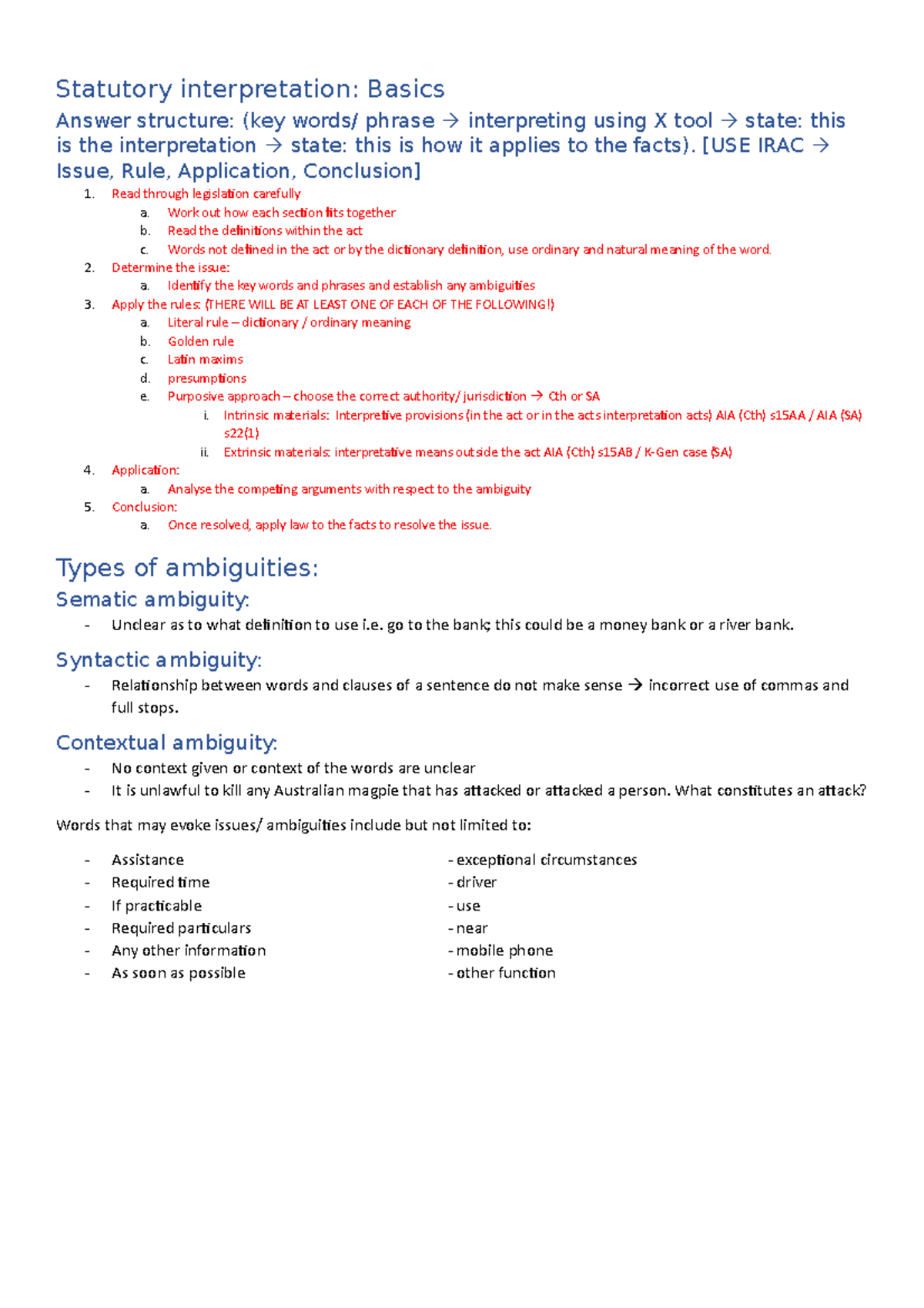 Foundations Exam notes - Statutory interpretation: Basics Answer ...