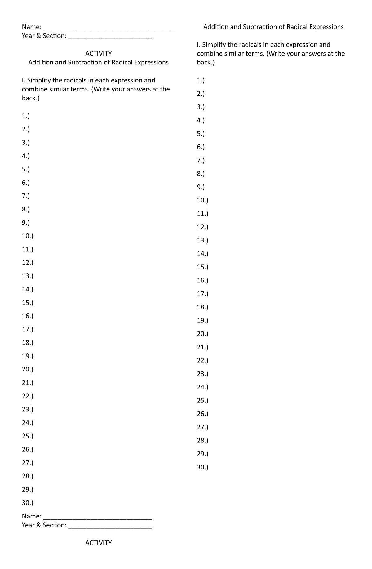 Activity combining radicals - Name ...