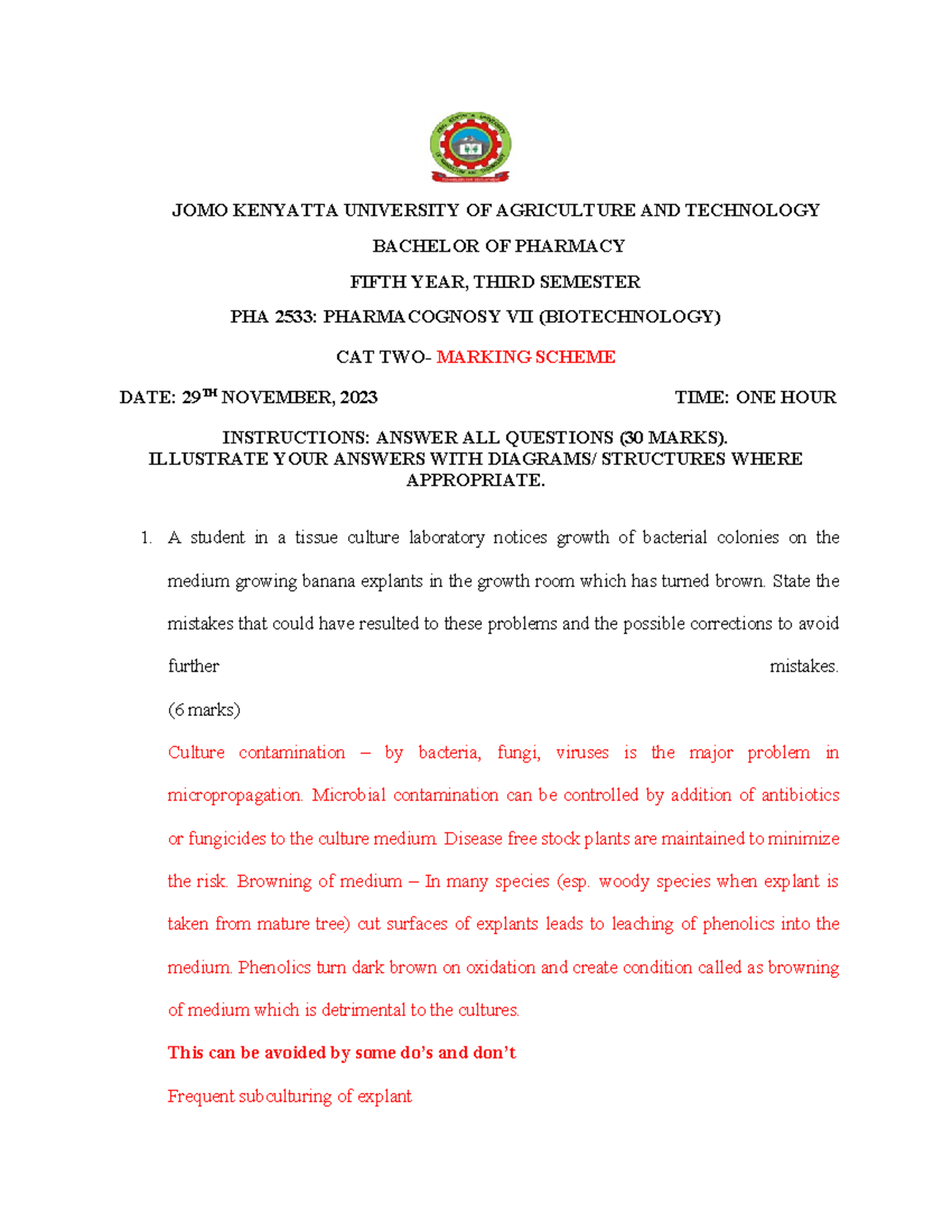 Biotechnology CAT TWO 2023 - Marking Scheme - JOMO KENYATTA UNIVERSITY ...