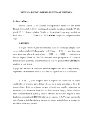 Denuncia Incumplimiento DE Cuota Alimentaria - DENUNCIA INCUMPLIMIENTO DE  CUOTA ALIMENTARIA Sr. - Studocu