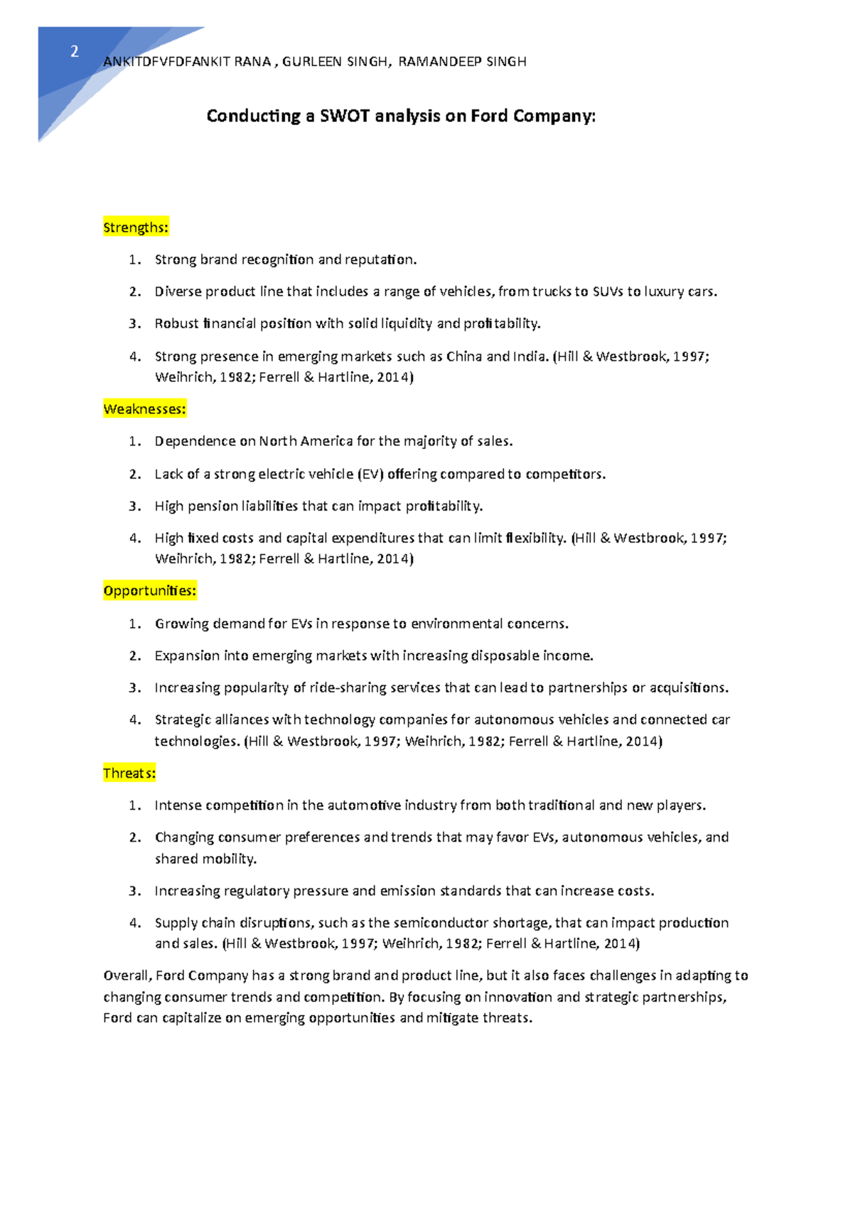 Conducting a SWOT analysis on Ford Company - 2 ANKITDFVFDFANKIT RANA ...