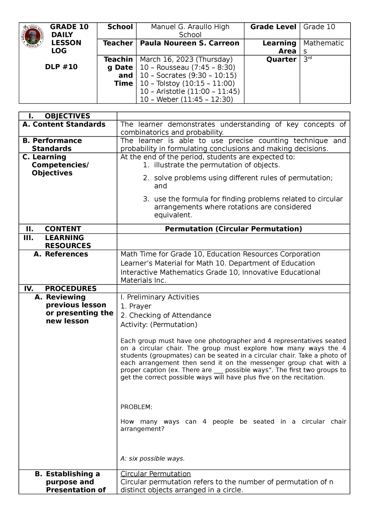 DLP 11 - Circular Permutation - + GRADE 10 DAILY LESSON LOG DLP School ...