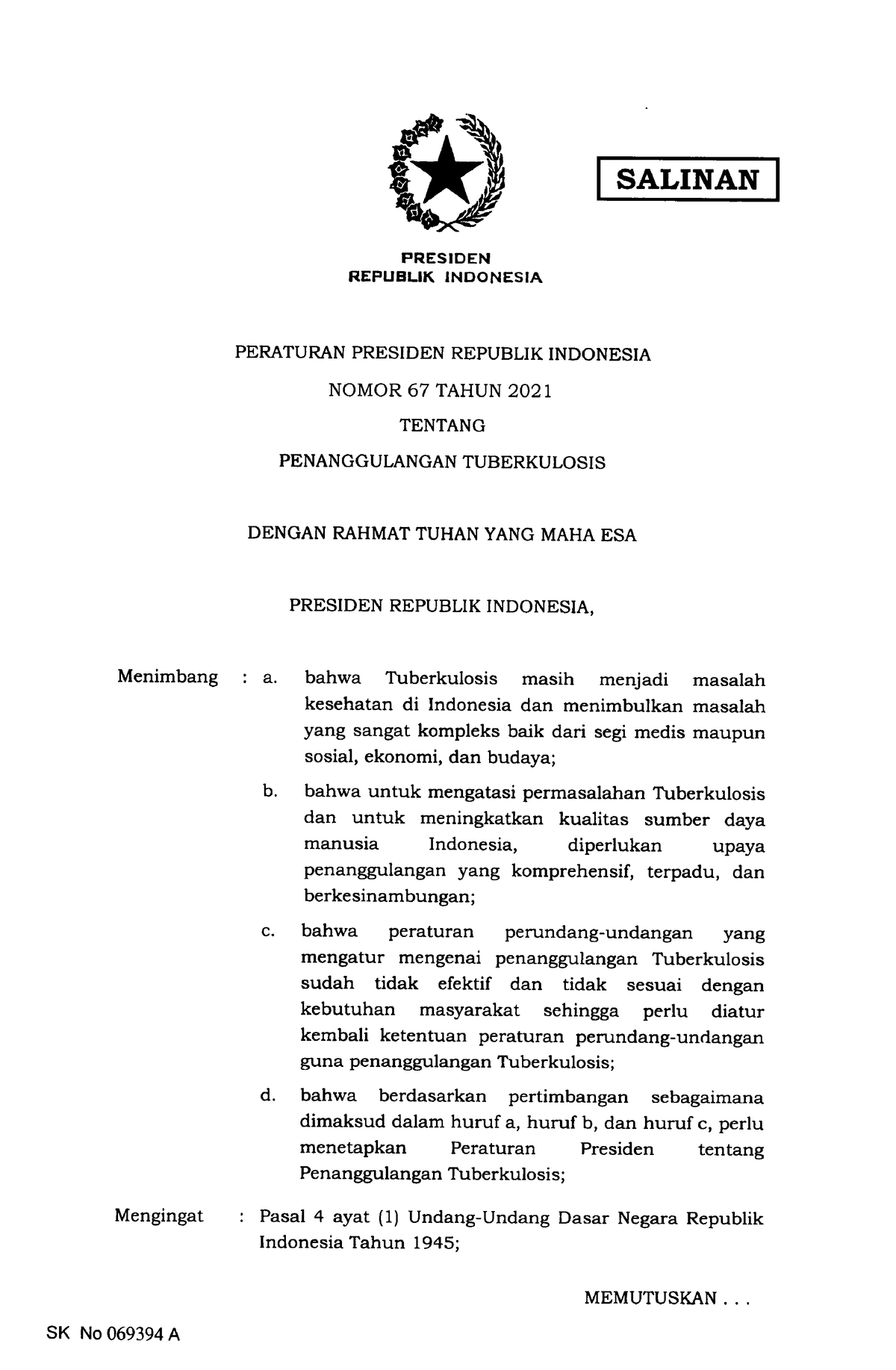 Perpres Nomor 67 Tahun 2021 - Menimbang Mengingat SALINAN PRESIDEN ...