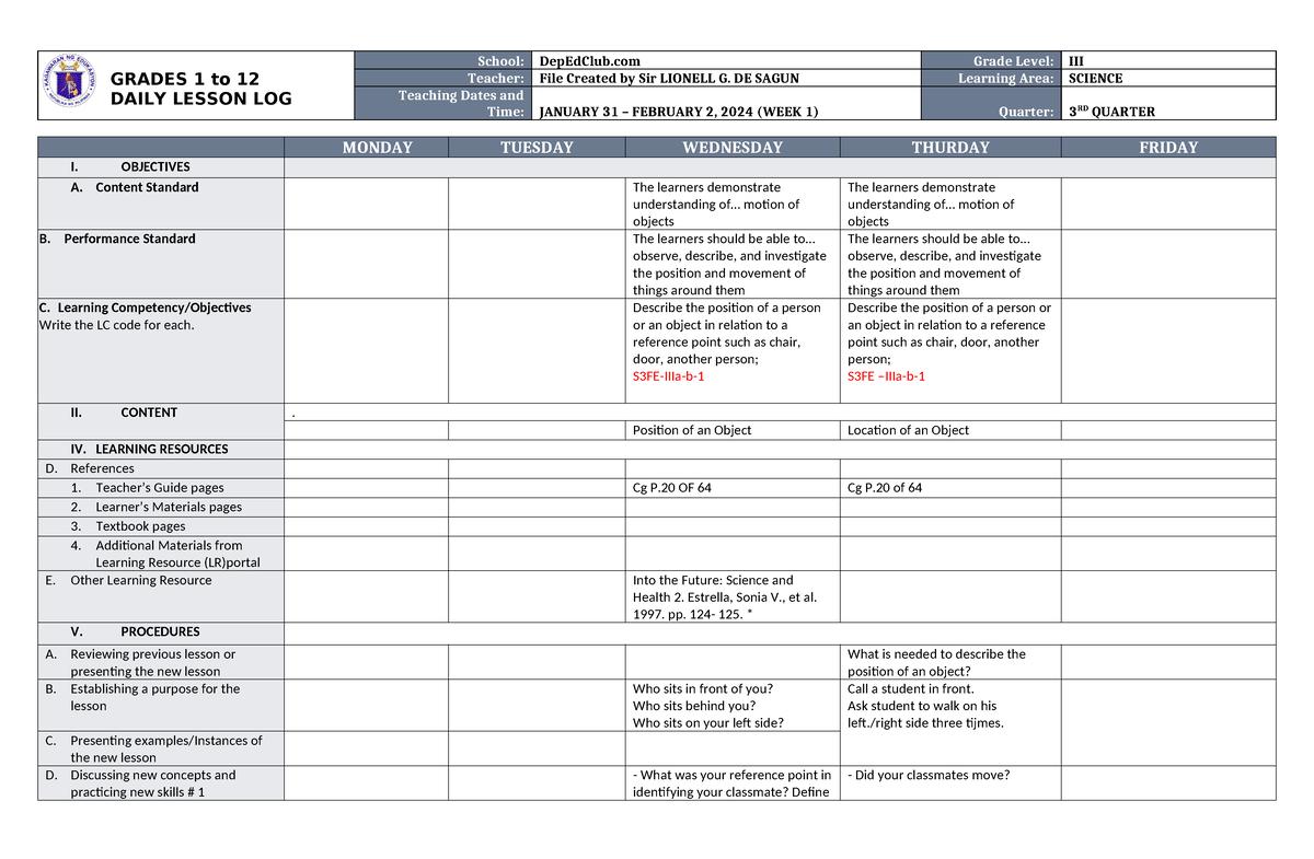 DLL Science 3 Q3 W1 - LESSON - GRADES 1 to 12 DAILY LESSON LOG School ...