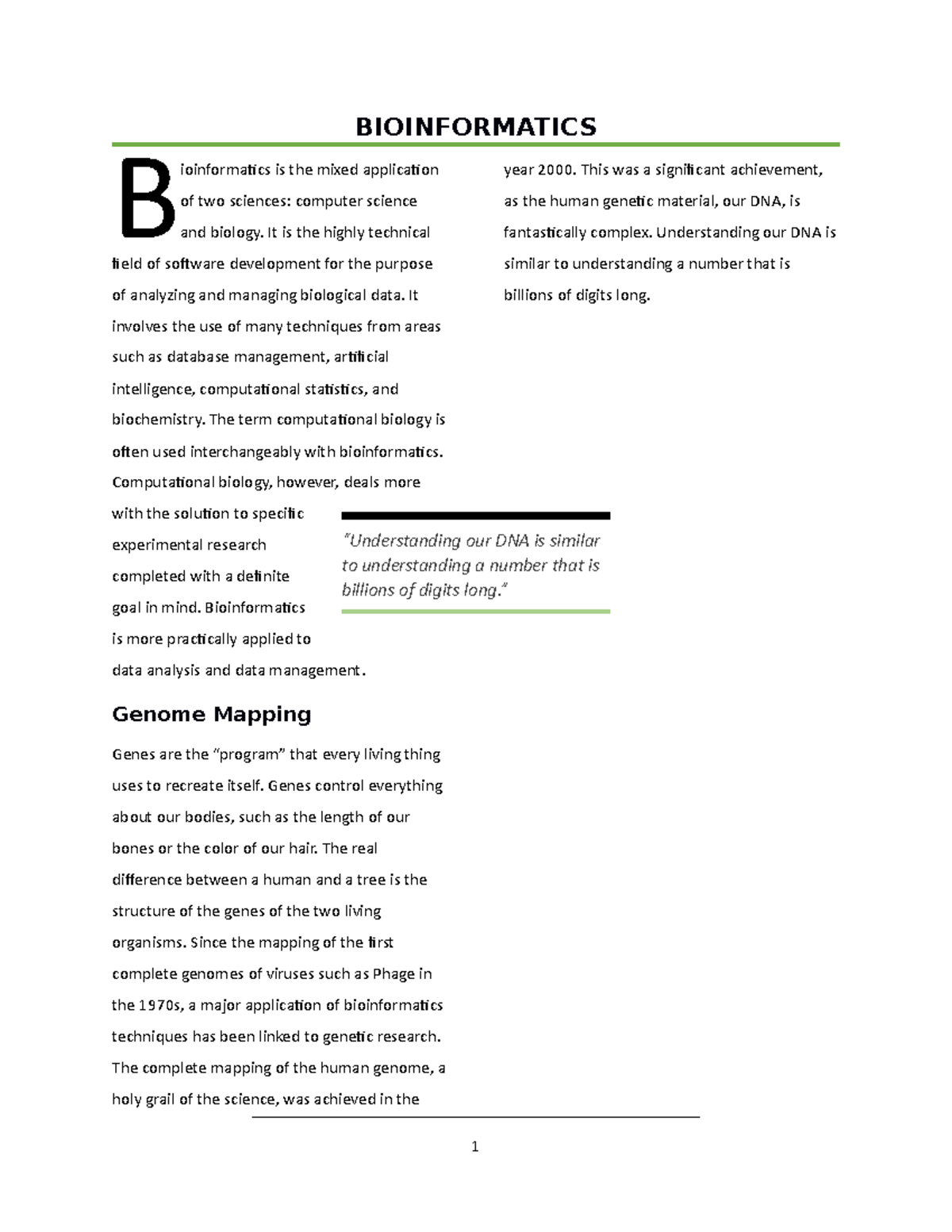 Bioinformatics Essay - BIOINFORMATICS ioinformatics is the mixed ...