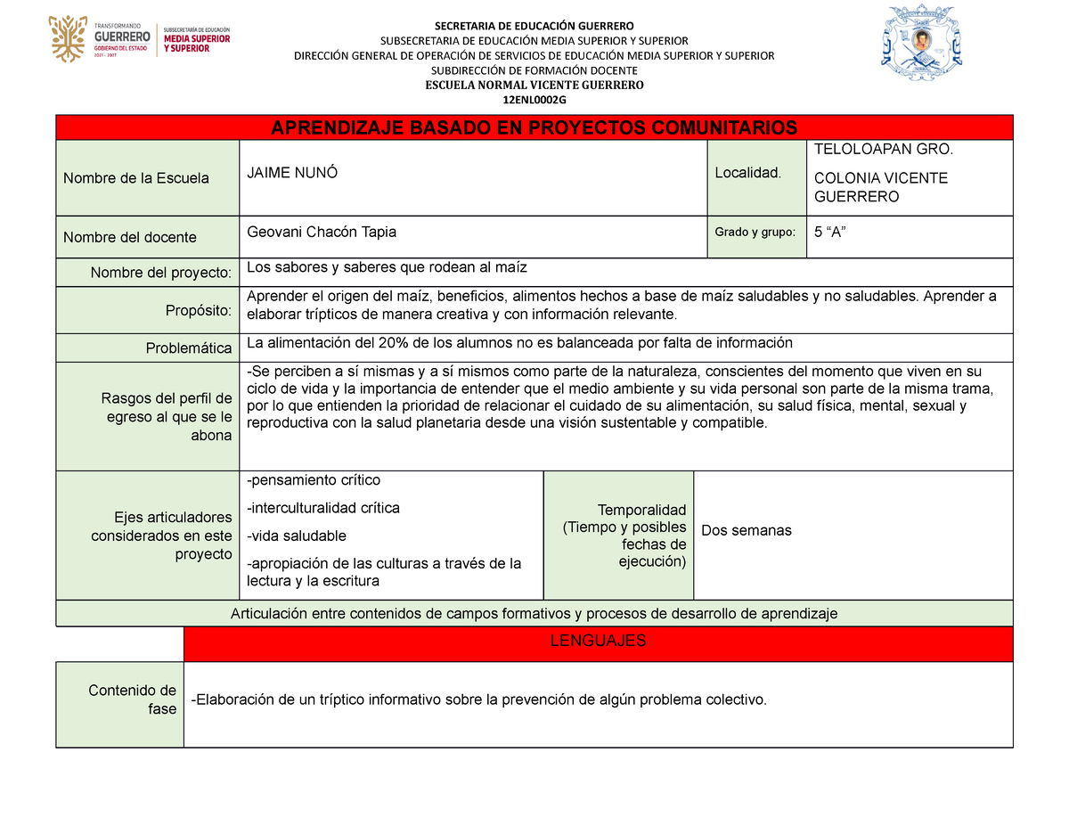 Planeación Proyecto Comunitario - APRENDIZAJE BASADO EN PROYECTOS ...