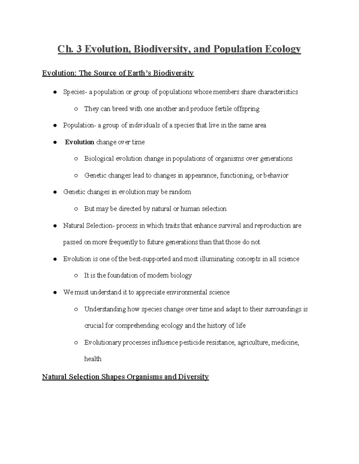 Environmental Science Ch. 3 Lecture Notes - Ch. 3 Evolution ...