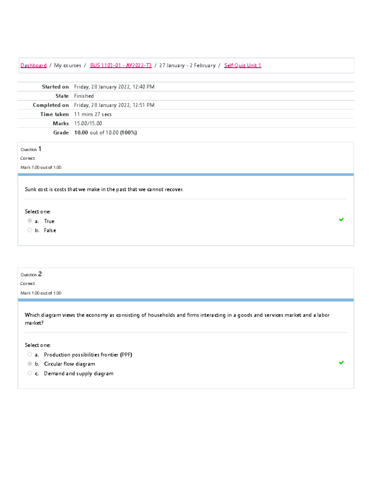 BUS 1103 Microeconomics Self-Quiz Unit 1 - Started On Friday, 28 ...