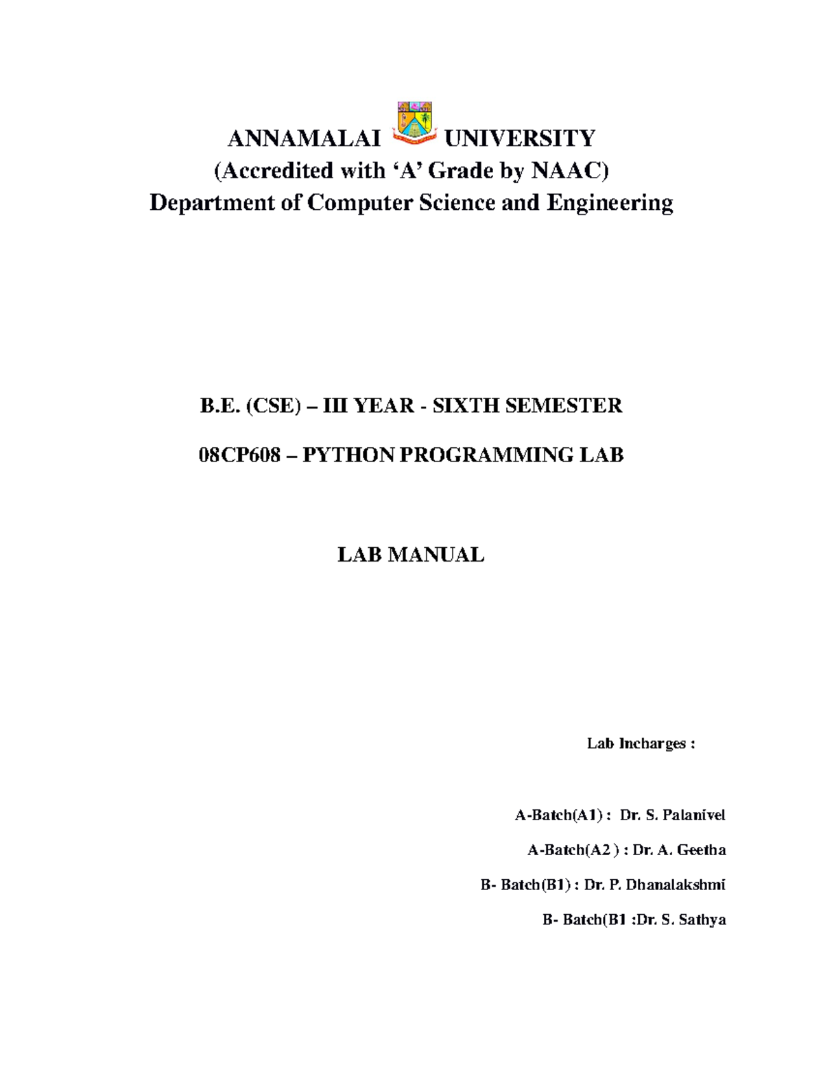 08CP608 Python Programming Lab - ANNAMALAI UNIVERSITY (Accredited with ...
