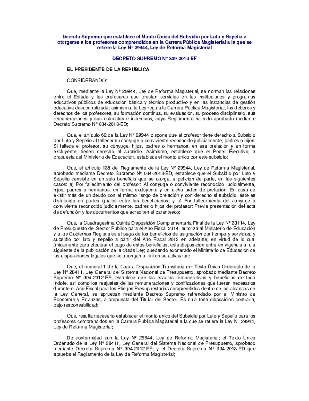 DS309 2013 EF - problemas - Decreto Supremo que establece el Monto ...