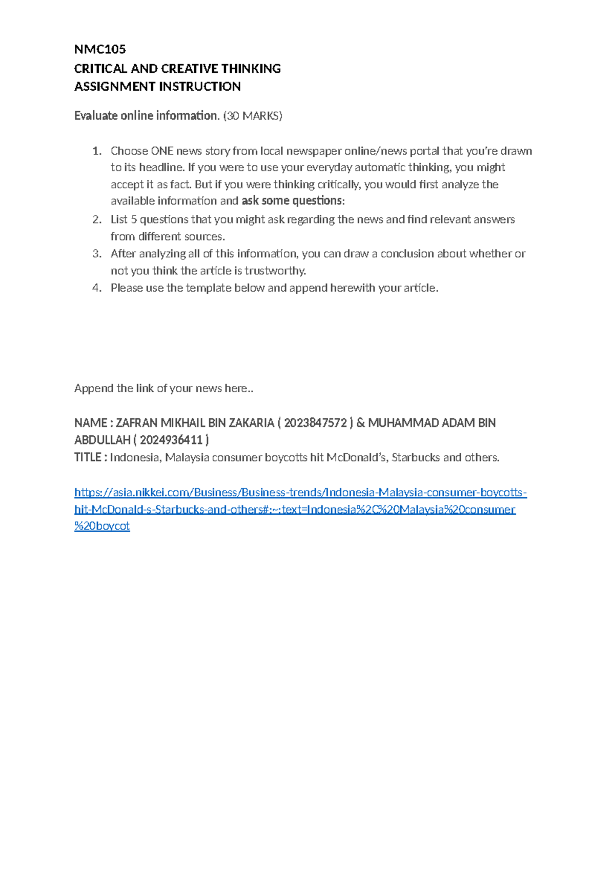 Ass critical 1 - example - CRITICAL AND CREATIVE THINKING ASSIGNMENT ...