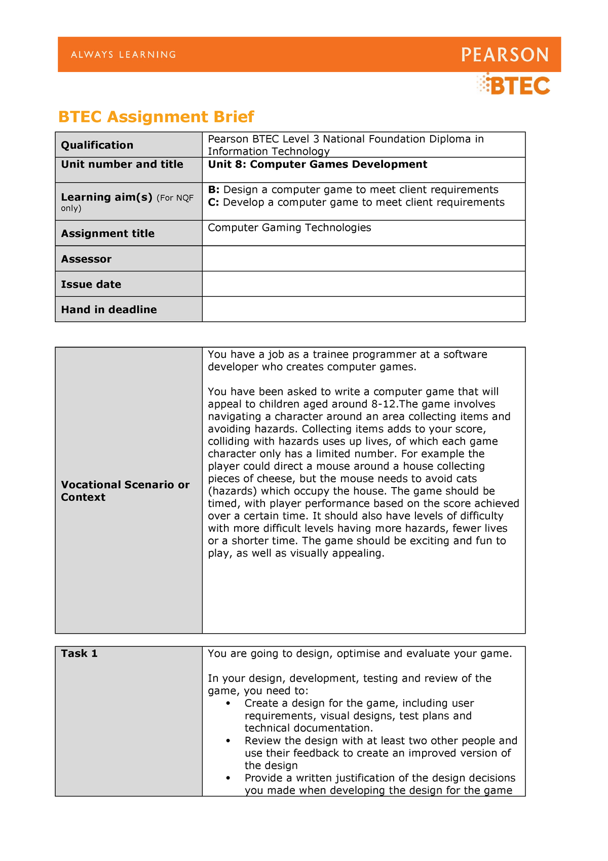 Unit 8 Authorised Assignment Brief For Learning Aims B And C Btec Assignment Brief 4112