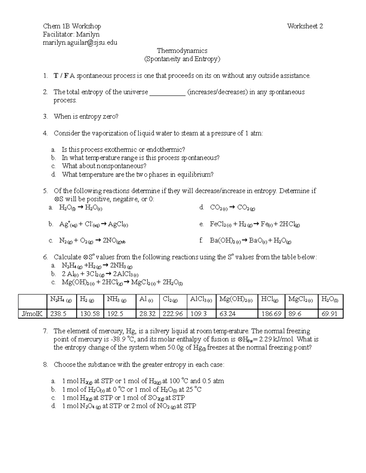 Chem 1b Worksheet 2 Chem 1B Workshop Facilitator Marilyn