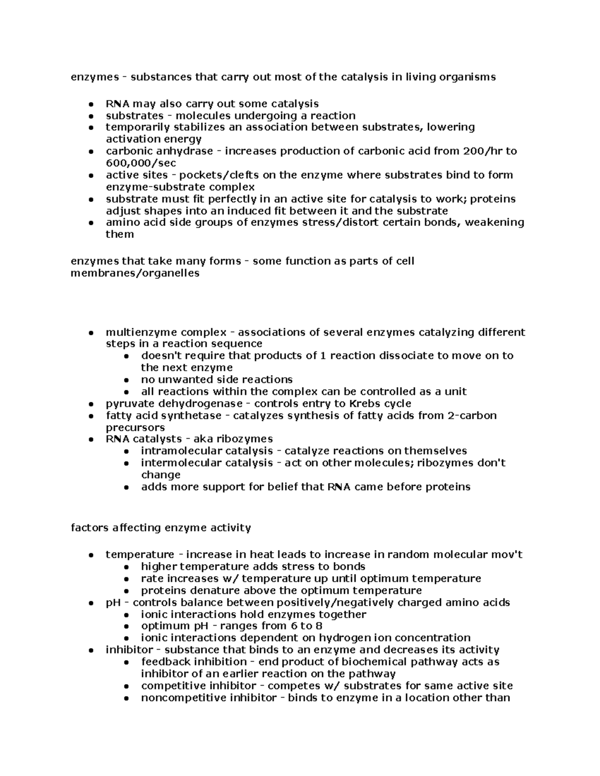 Enzymes Biology for science majors II, instructor given lecture notes