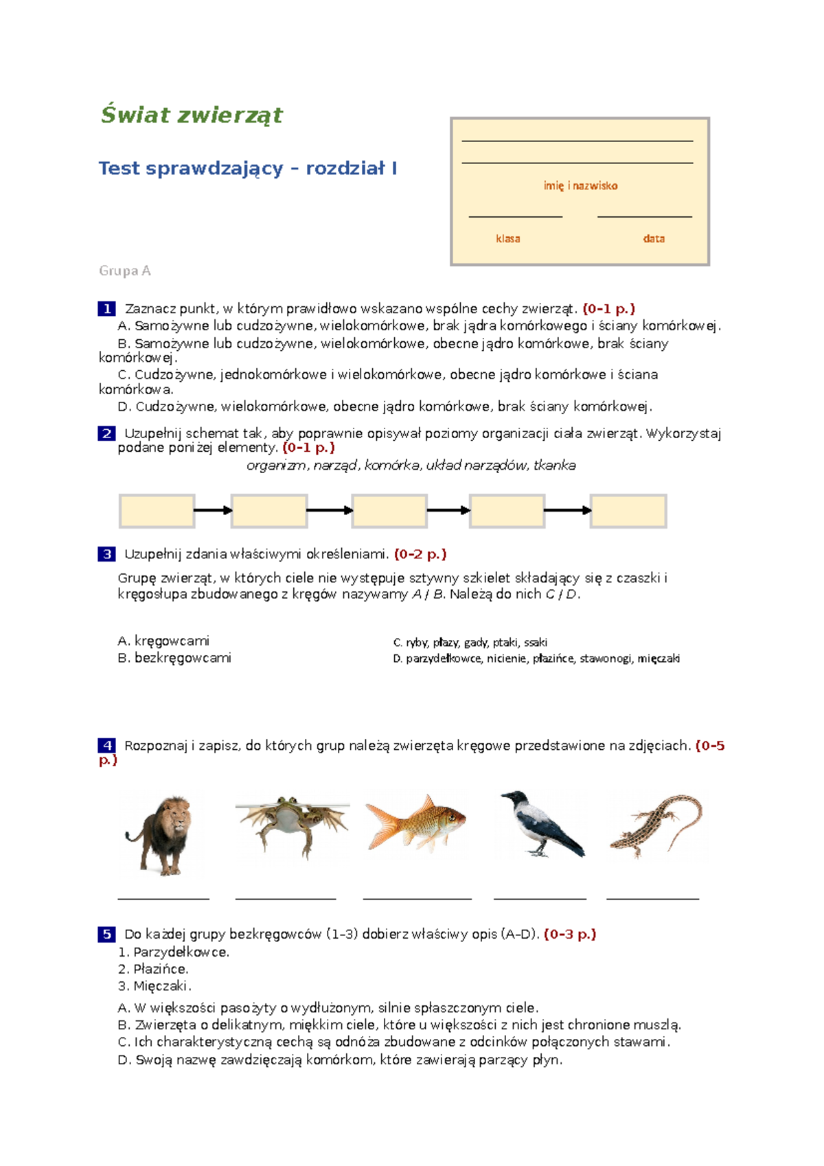 Anatomia Zwierzat Sprawdzian 1 Technikum www.studocu.com
