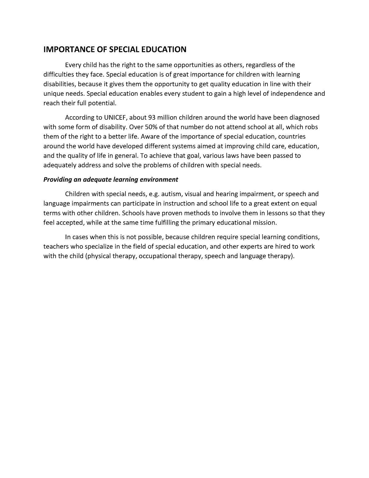 importance of special education essay