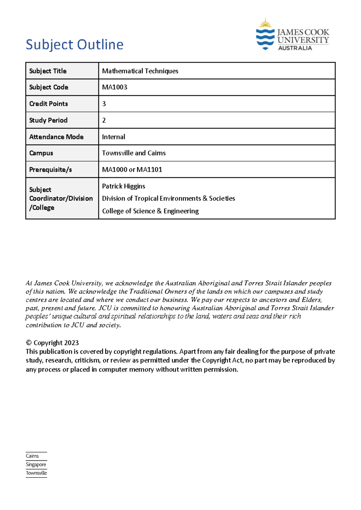 MA1003 2023 SP2 Subject Outline - Subject Outline Subject Title ...