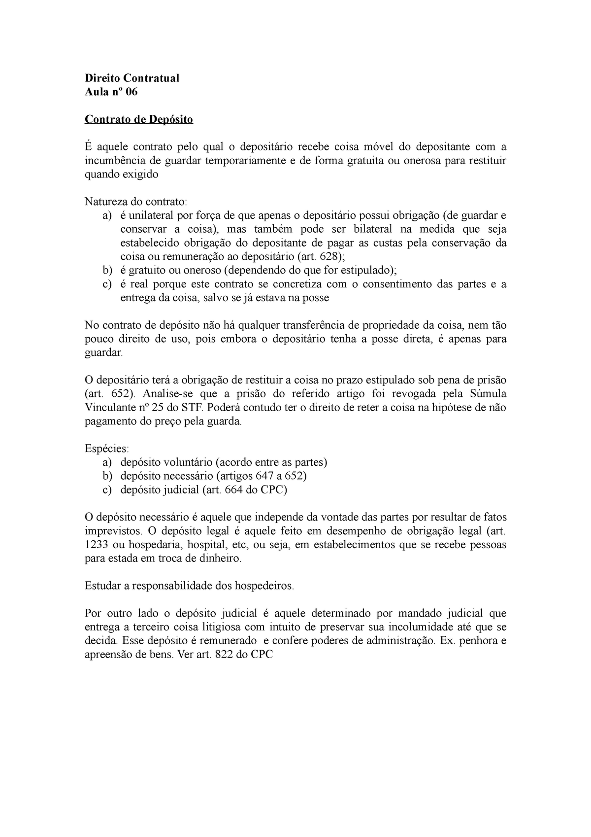 Aula 06 Contrato De Depósito Direito Contratual Aula Nº 06 Contrato De Depósito É Aquele 8639