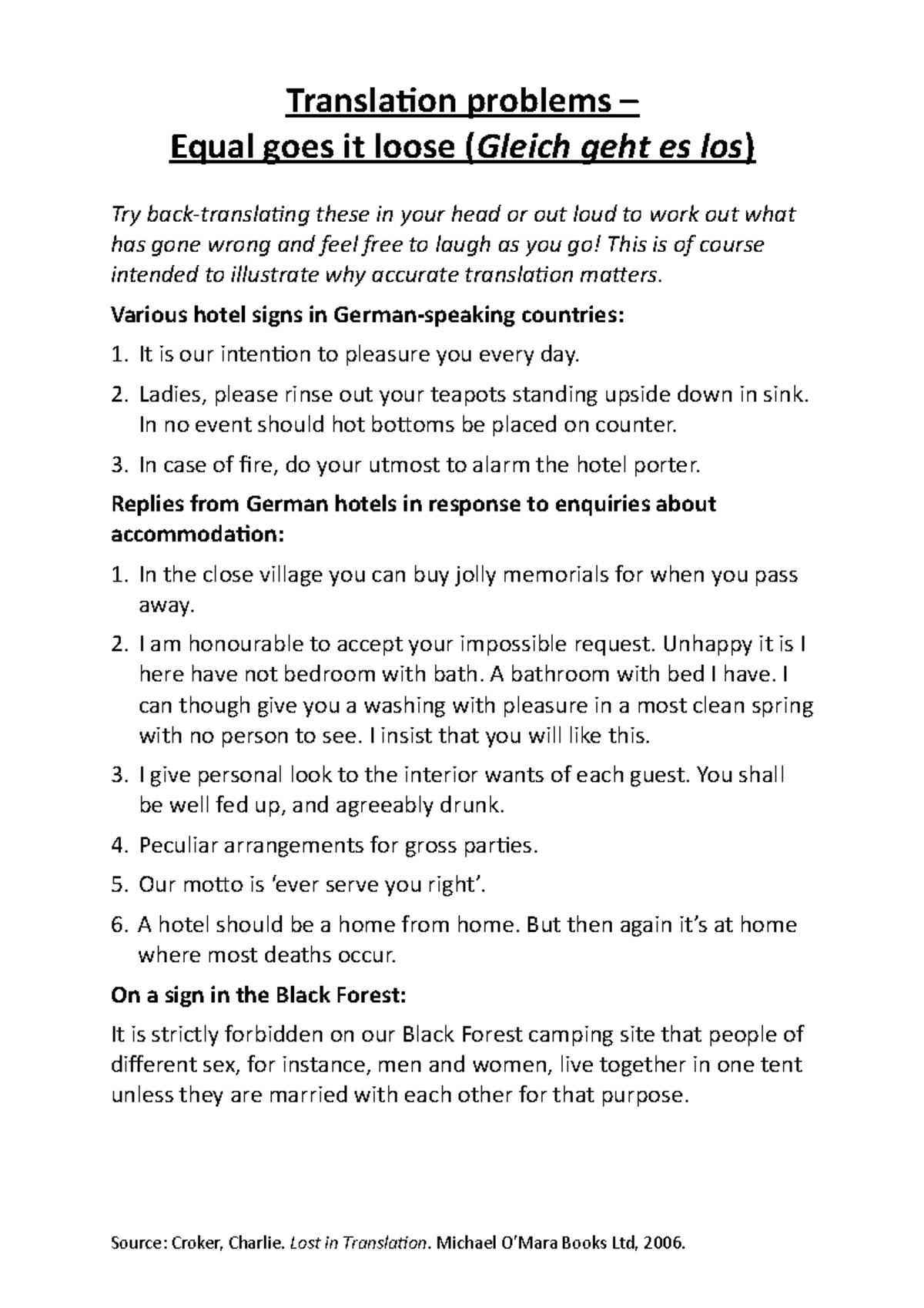 Translation problems Equal goes it loose Translation problems