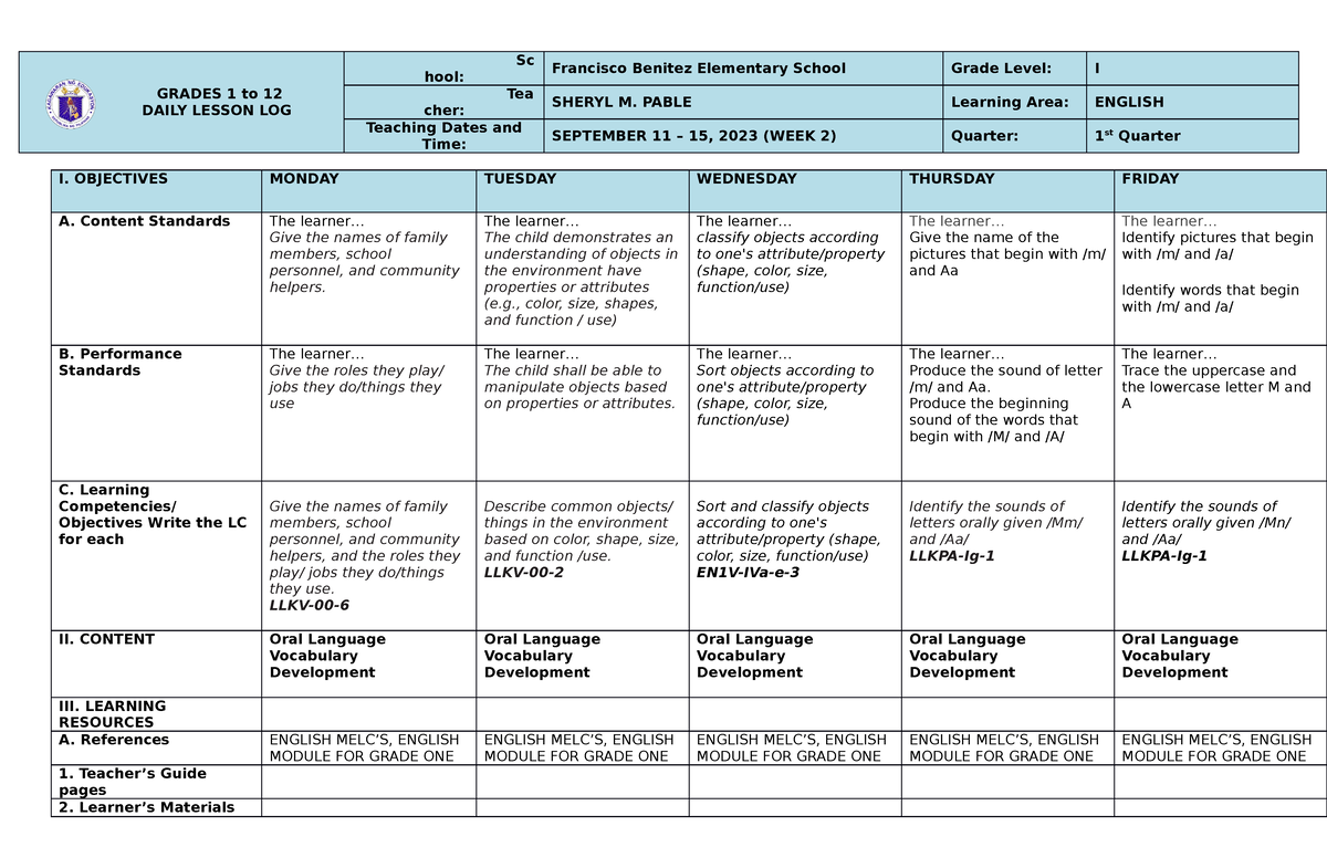 DLL English-1-WEEK-2 - DLL - GRADES 1 To 12 DAILY LESSON LOG Sc Hool ...