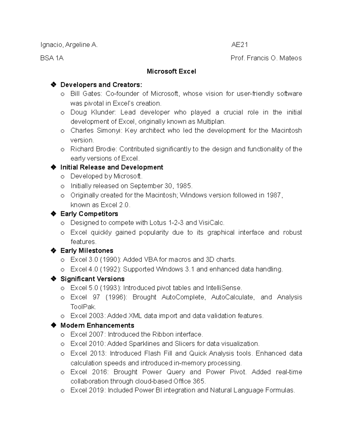 About MS Excel - Ignacio, Argeline A. AE BSA 1A Prof. Francis O. Mateos ...