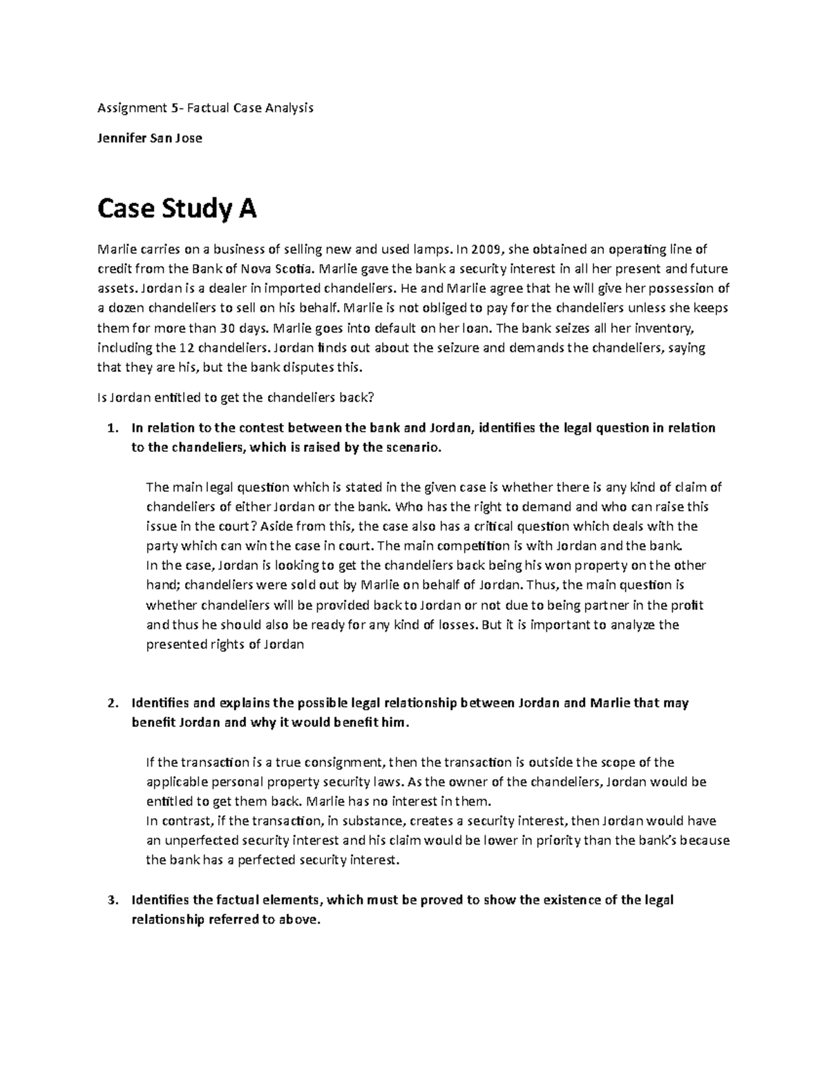 Assignment 5 LGST369 Sanjose Jennifer - Assignment 5- Factual Case ...