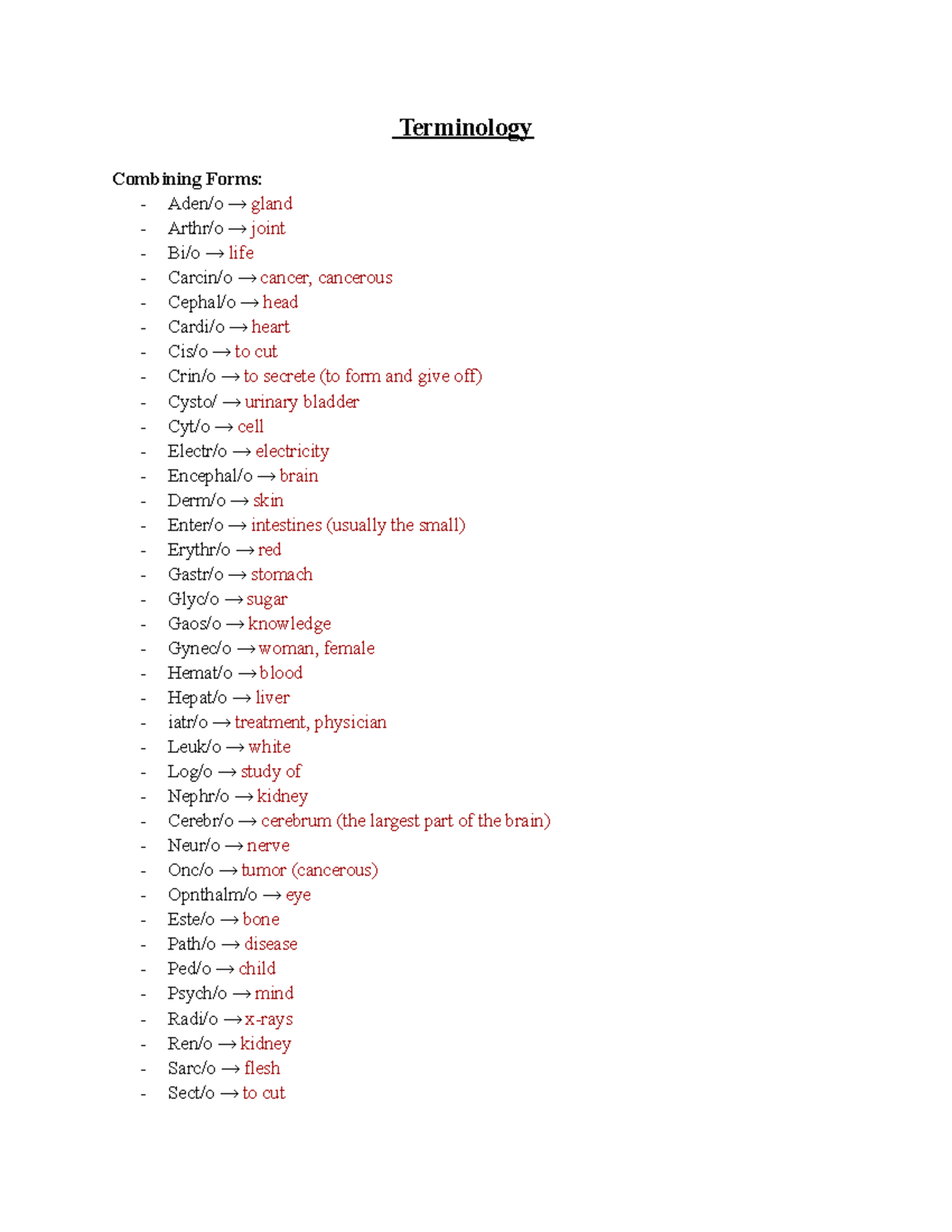 Chapter 1 Terminology Terminology Combining Forms Aden/o → gland
