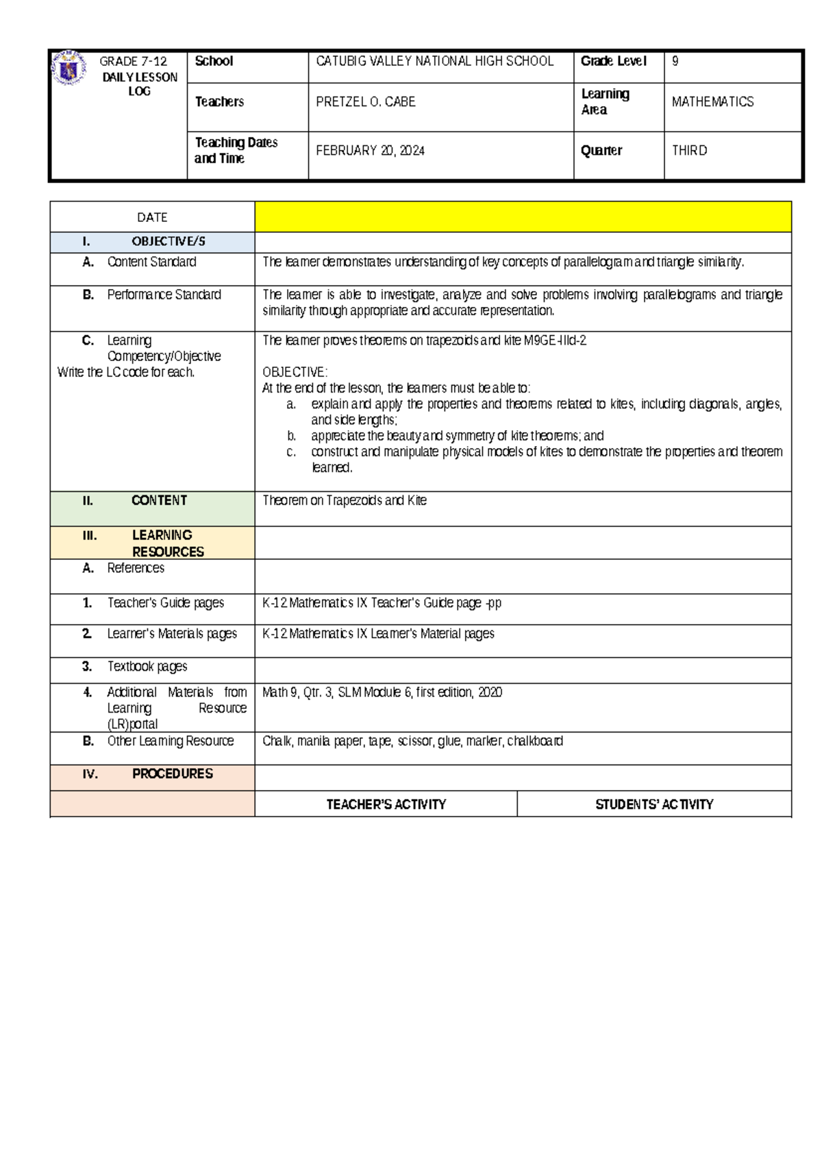 LP - Theorems on Kite - GRADE 7- DAILY LESSON LOG School CATUBIG VALLEY ...