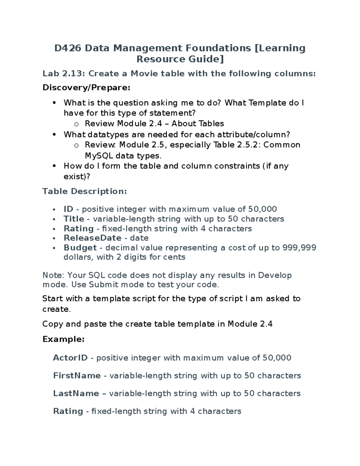 D426 [Learning Resource Guide] Lesson 2 Labs - D426 Data Management ...