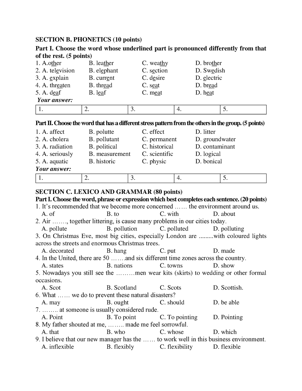 T - Hello - SECTION B. PHONETICS (10 Points) Part I. Choose The Word ...