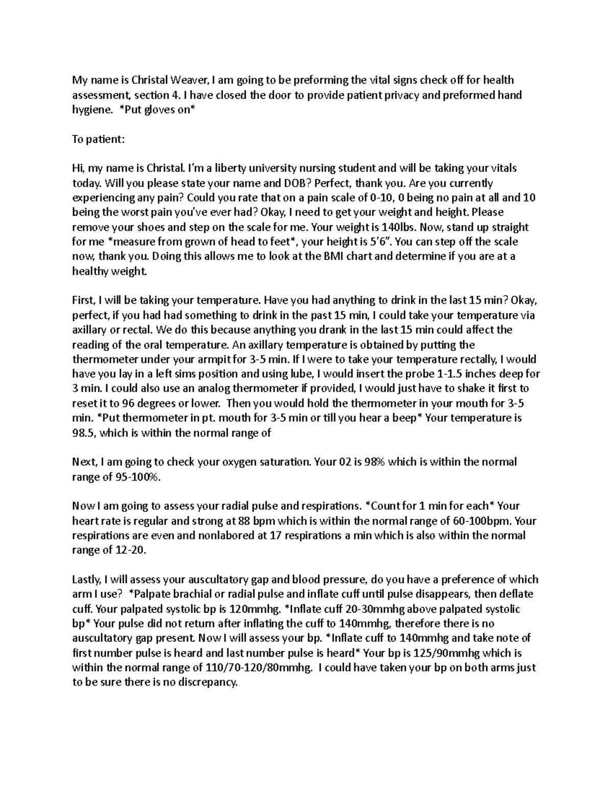 VS check off - Outline for how to properly assess Vital signs. - My ...