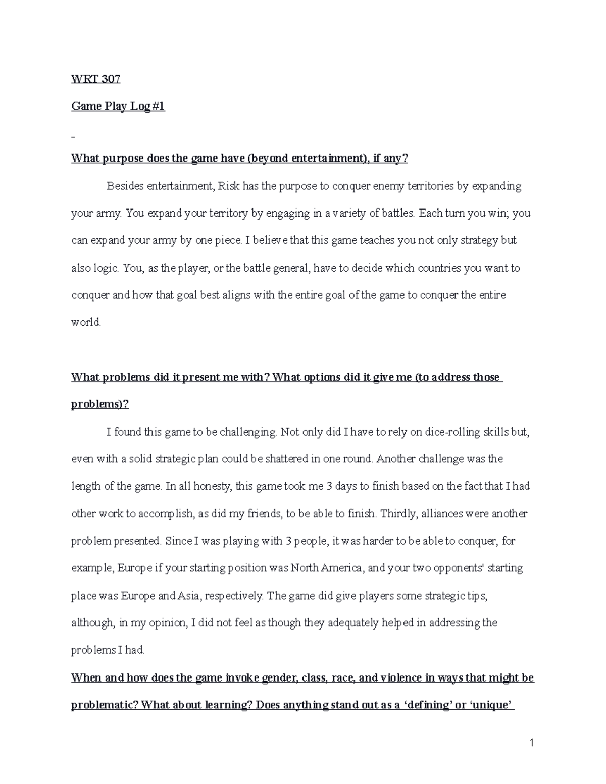 Game Play Log Game Play Log Wrt 307 Game Play Log What Purpose