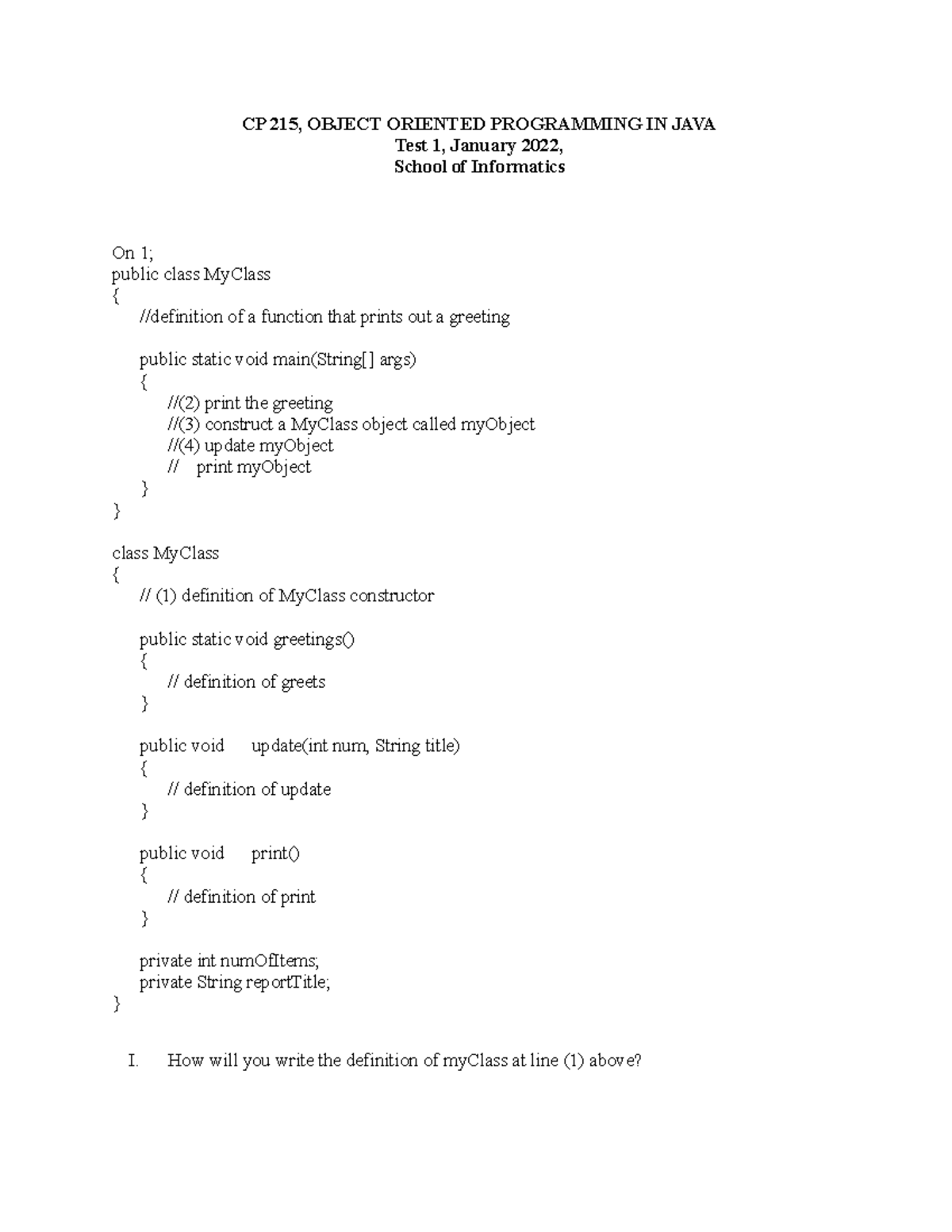 Java Test 2022 - CP 215, OBJECT ORIENTED PROGRAMMING IN JAVA Test 1 ...