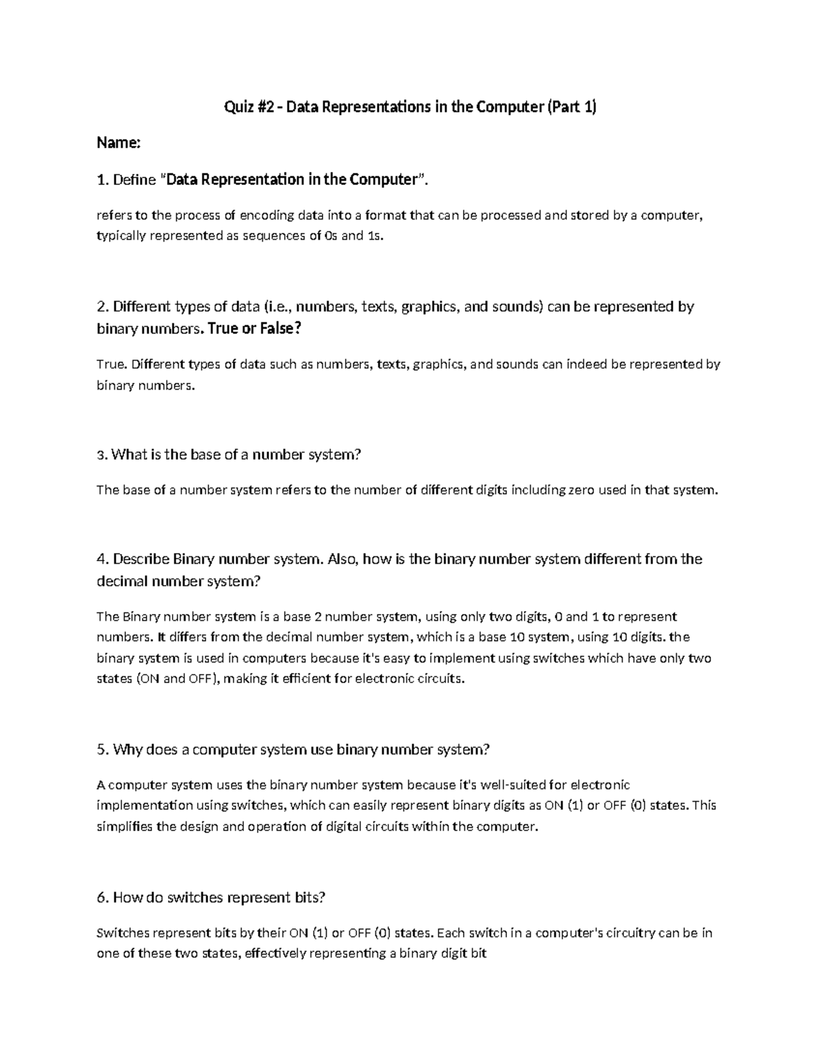 Quiz 2- Data Representation-Part 1 - Quiz #2 - Data Representations in ...