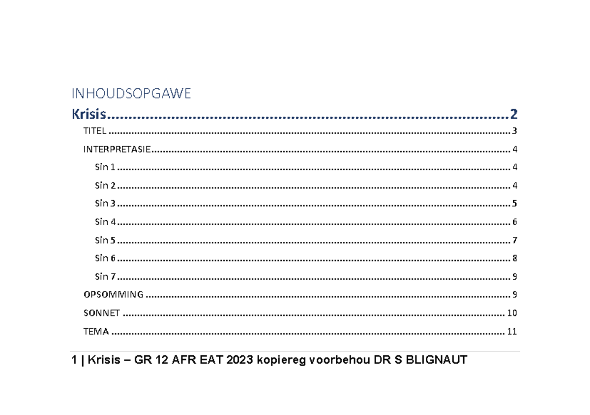 Krisis Voorbeeld - poem notes - INHOUDSOPGAWE Krisis - Studocu