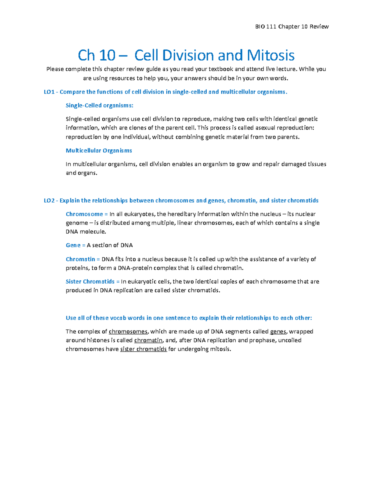 Review Sheet Ch 10 - Cell division and mitosis - Ch 10 – Cell Division ...