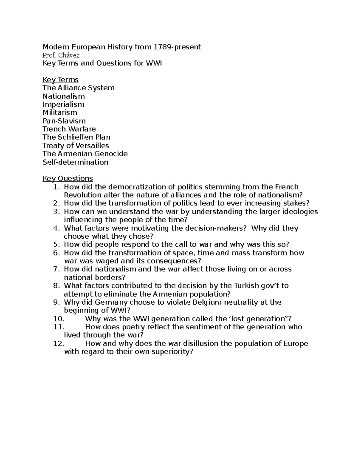 Key Terms and Questions WWI 1 - Modern European History from 1789 ...