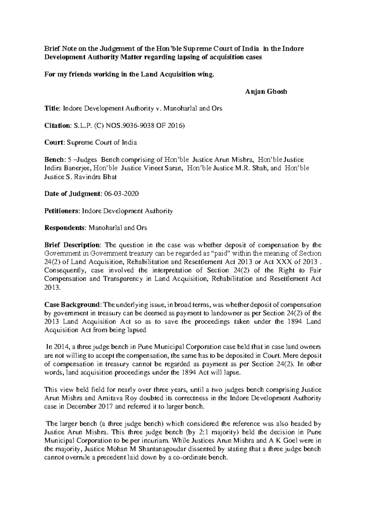 Indore Brief Note - Case Study - Brief Note on the Judgement of the Hon ...