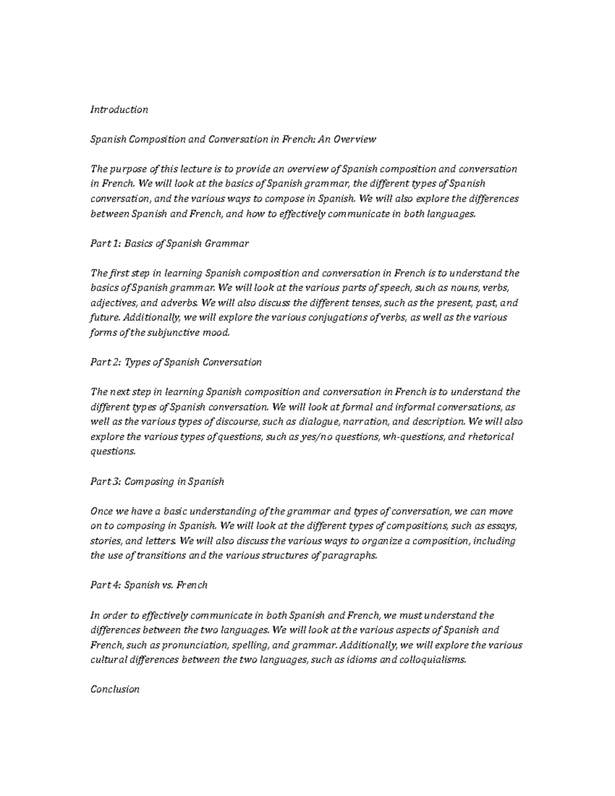 Spanish Composition and Conversation Notes de cours Introduction