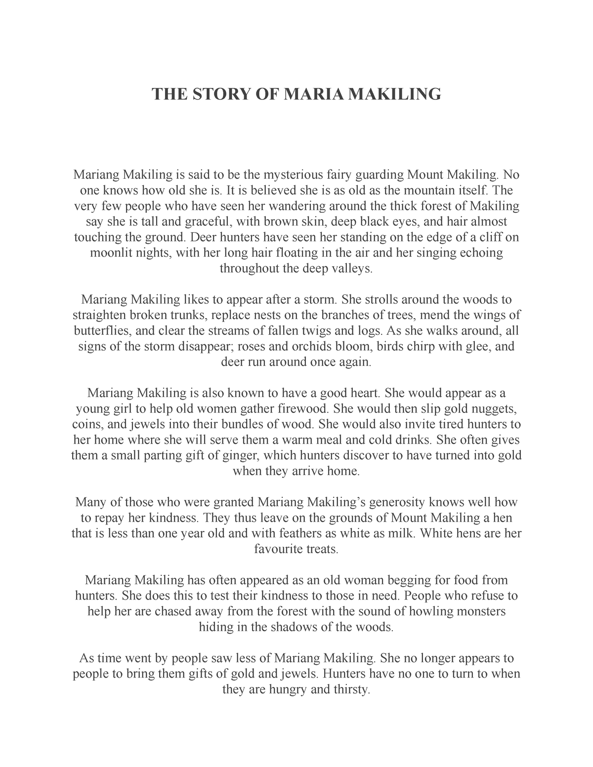 The Story Of Maria Makiling The Story Of Maria Makiling Mariang