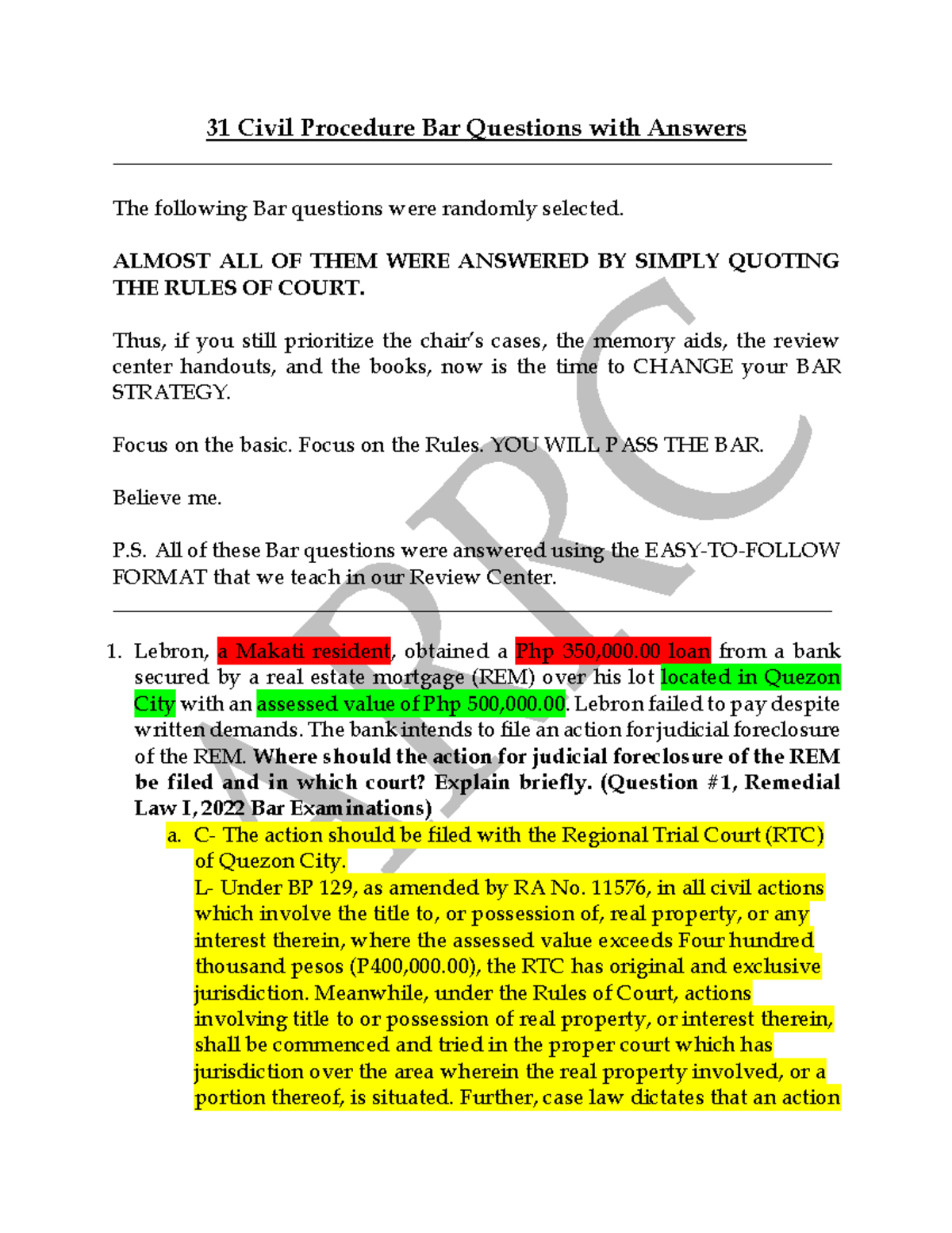 31 Civil Procedure Bar Questions with Answers (EASY-TO- Follow Format ...