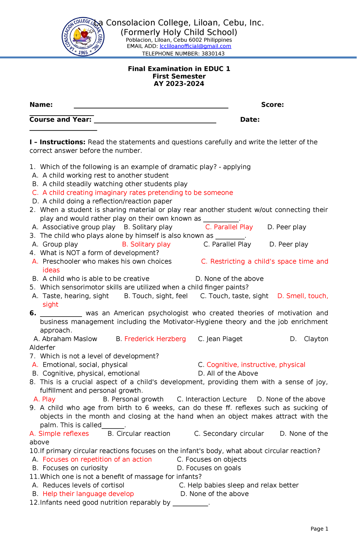 Educ 1 - TQ Answer Key - TEST QUESTIONNAIRES - (Formerly Holy Child ...